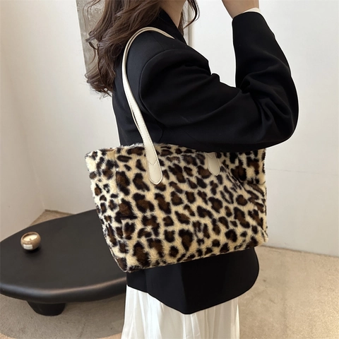 Bolso Tote de Peluche con Estampa de Leopardo para Mujer Bolso de Hombro de Gran Capacidad de Piel Sintética Otoño Invierno