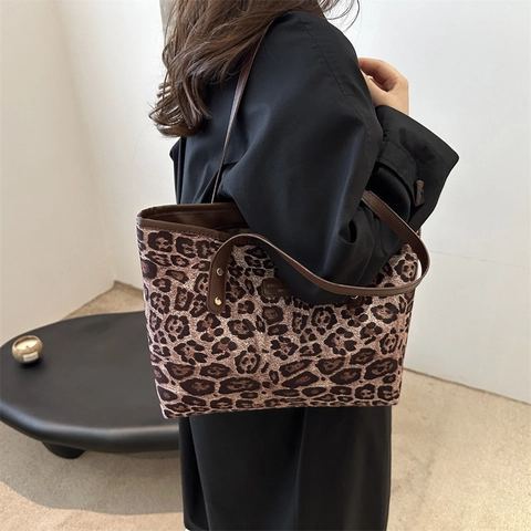 Bolso Tote con Estampado de Leopardo para Mujer Gran Capacidad Bolso de Hombro de Nylon Bolso de Mano Urbano Casual