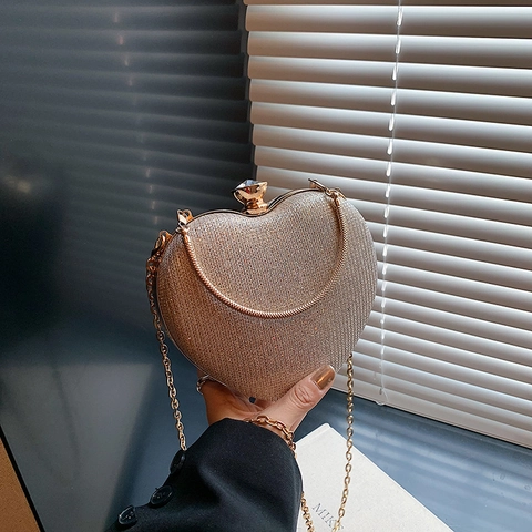 Women's Luxury Heart Shaped Evening Bag Glitter Sequin Clutch Purse With Rhinestone Clasp Metal Chain Shoulder Crossbody Bag