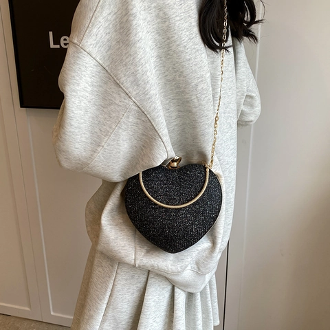 Women's Heart Shaped Evening Clutch Bag Glitter Sequin Shoulder Bag With Rhinestone Clasp Gold Chain Strap For Wedding Banquet