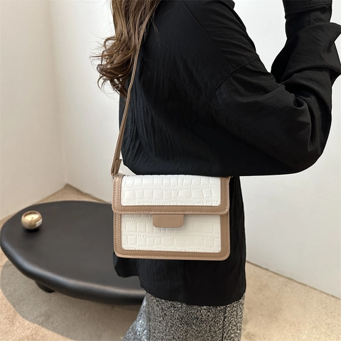 Petit Sac Carré pour Femme en Cuir PU à Motif Crocodile Bloc de Couleur Élégant Sac à Bandoulière de Navettage pour Femme