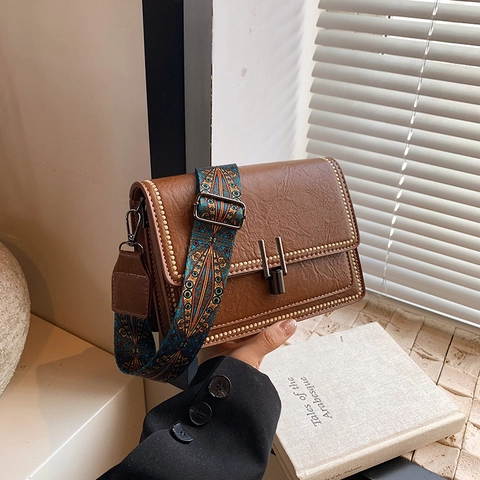 Vintage Women PU Leather Small Square Bag With Rivet Metal Buckle Ethnic Pattern Wide Strap Shoulder Crossbody Bag