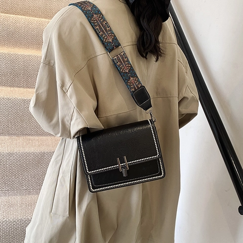 Vintage Women PU Leather Small Square Bag With Rivet Metal Buckle Ethnic Pattern Wide Strap Shoulder Crossbody Bag