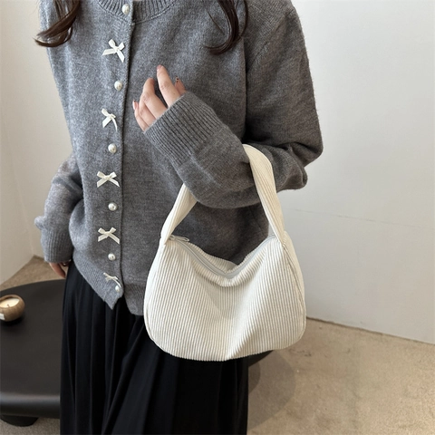 Bolso de Hombro Casual de Pana para Mujer Gran Capacidad Hobo Bandoulière Color Sólido Cremallera Bolso de Axila Vintage Diario