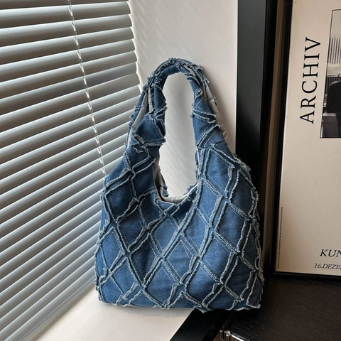 Γυναικεία Τσάντα Tote Denim με Ξεφτισμένες Άκρες Τσάντα Ώμου Patchwork με Ρόμβους Casual Ρετρό Καμβάς Καρό Τσάντα Hobo για Καθημερινή Χρήση