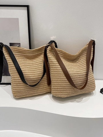 Summer Casual Straw Woven Tote Bag For Women With PU Leather Strap Large Capacity Shoulder Crossbody Bag Vacation Beach Bag