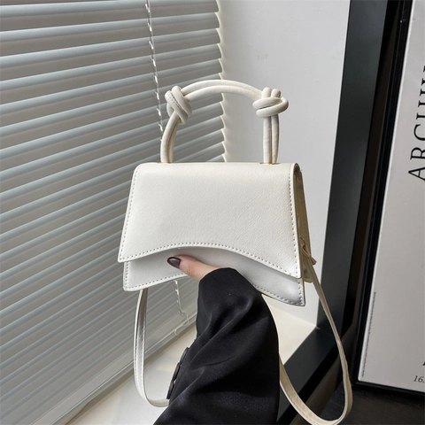 Women Chic PU Leather Shoulder Bag Curved Bottom Knotted Handle Fashion Handbag Minimalist Solid Color Crossbody