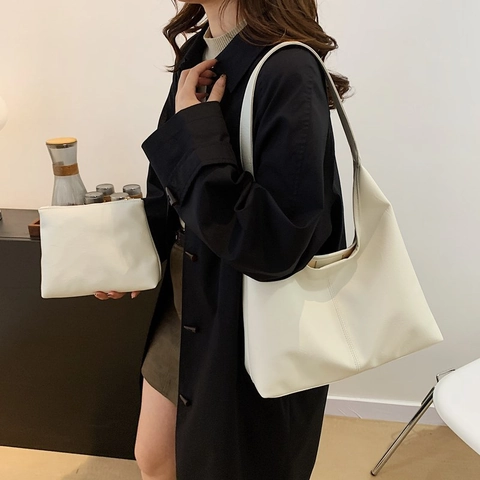 Minimalistische Große Kapazität PU Leder Tote Tasche Mit Beutel Für Damen Vintage Hobo Schultertasche Pendeln Mode Tasche