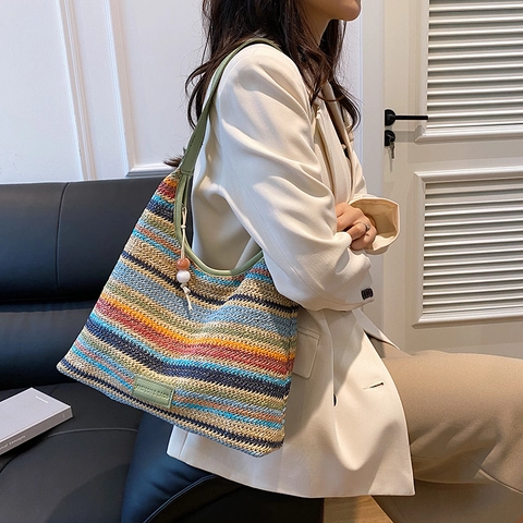 Multicolor Striped Straw Woven Tote Bag For Women Large Capacity Bohemian Shoulder Bag With Beaded Ornament Vacation Beach Bag