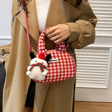 Borsa a Tracolla in Peluche a Quadri Bianchi e Rossi da Donna Con Ciondolo a Forma di Pupazzo di Neve di Natale Carina Borsa a Tracolla Stile Coreano Invernale