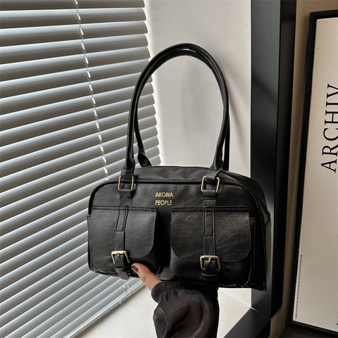 Retro PU Leder Schoudertas Voor Dames Grote Capaciteit Vintage Onderarm Tas Dubbele Zakken Gouden Hardware Woon-werk Tas