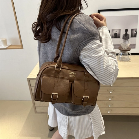 Retro PU Leder Schoudertas Voor Dames Grote Capaciteit Vintage Onderarm Tas Dubbele Zakken Gouden Hardware Woon-werk Tas