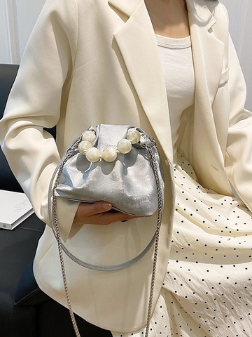 Macaron PU Leather Pleated Cloud Bag For Women Large Artificial Pearl Beaded Handle Shoulder Crossbody Handbag With Silver Chain Strap
