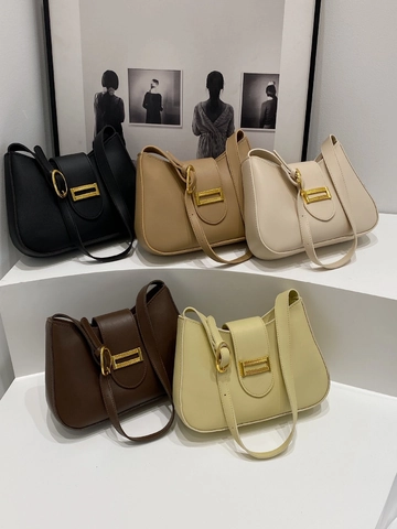 Women Underarm Bag PU Leather Solid Color Minimalist Shoulder Bag With Gold Metal Buckle Elegant Commute Handbag
