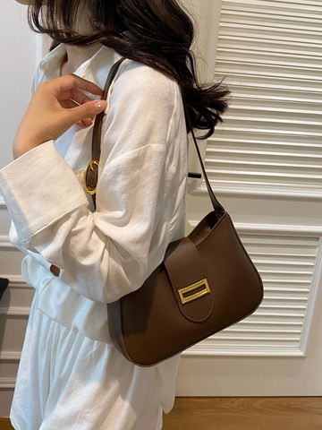 Women Underarm Bag PU Leather Solid Color Minimalist Shoulder Bag With Gold Metal Buckle Elegant Commute Handbag