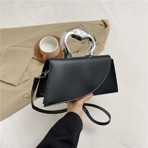 Women Fashion PU Leather Handbag With Silver Liquid Metal Handle Asymmetric Flap Shoulder Crossbody Square Underarm Bag