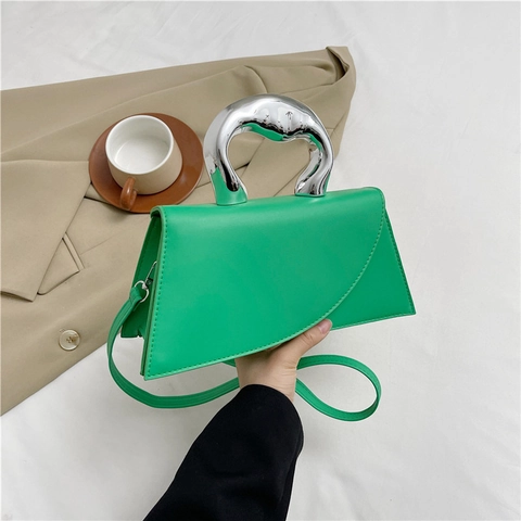 Women Fashion PU Leather Handbag With Silver Liquid Metal Handle Asymmetric Flap Shoulder Crossbody Square Underarm Bag