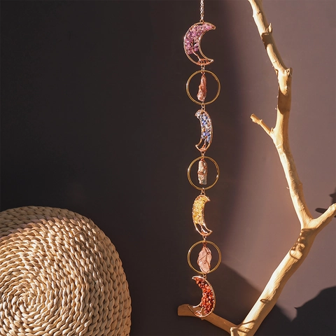 Natural Crystal Suncatcher Seven Chakra Moon Phase Hanging Decoration Handmade Healing Stone Boho Style Wall Decor