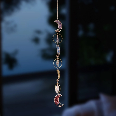 Natural Crystal Suncatcher Seven Chakra Moon Phase Hanging Decoration Handmade Healing Stone Boho Style Wall Decor