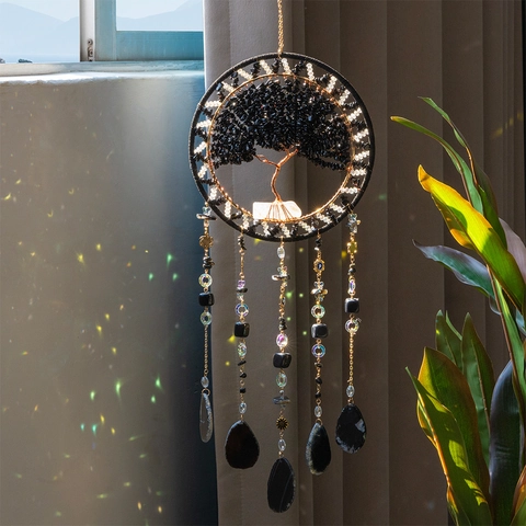 Handmade Tree Of Life Crystal Suncatcher Wind Chime Dreamcatcher With Agate Pendant Bohemian Style Home Window Hanging Decor