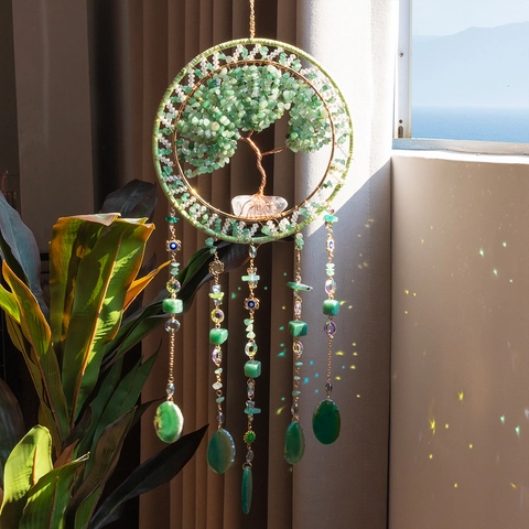 Handmade Tree Of Life Crystal Suncatcher Wind Chime Dreamcatcher With Agate Pendant Bohemian Style Home Window Hanging Decor