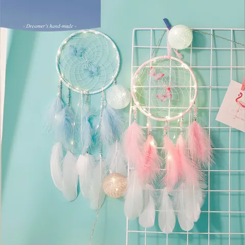 Atrapasueños De Mariposa Hecho A Mano Con Luces LED Plumas Cuentas Decoración Pared Dormitorio Romántico Bohemio Regalo