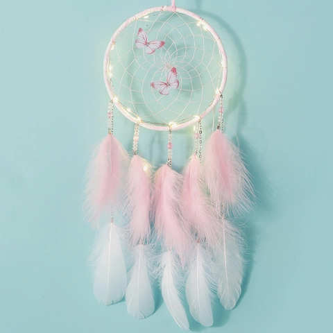 Atrapasueños De Mariposa Hecho A Mano Con Luces LED Plumas Cuentas Decoración Pared Dormitorio Romántico Bohemio Regalo