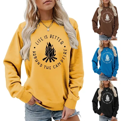 Damen Casual Rundhals Sweatshirt Langarm Pullover Mit Lagerfeuer Buchstaben Grafik Druck Locker Geschnittenes Top