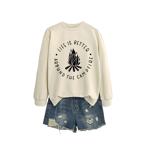 Damen Casual Rundhals Sweatshirt Langarm Pullover Mit Lagerfeuer Buchstaben Grafik Druck Locker Geschnittenes Top