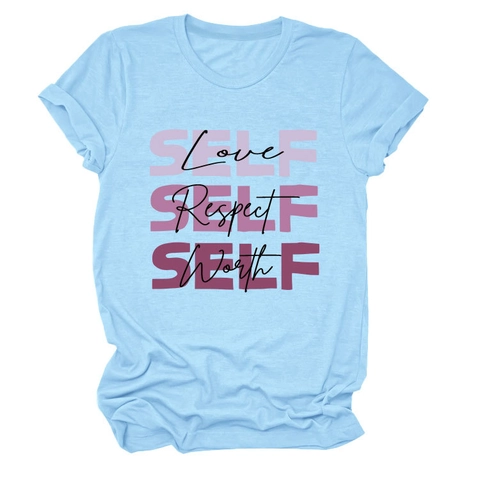 Maglietta Da Donna Con Stampa Slogan Self Love Respect Worth Misto Cotone Casual Morbida Girocollo Top Manica Corta