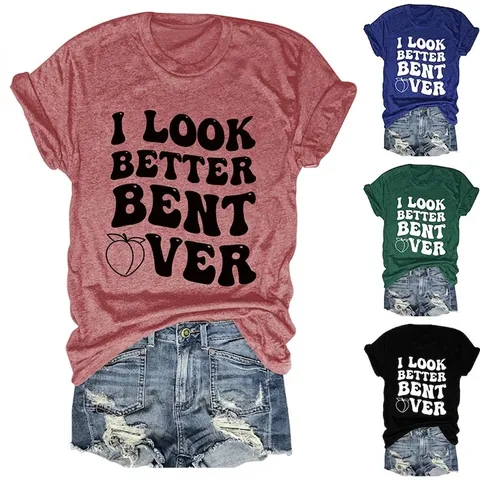 Women Casual Cotton Blend T-Shirt Crew Neck Short Sleeve Graphic Letter Print Peach Novelty Streetwear Loose Fit Tee