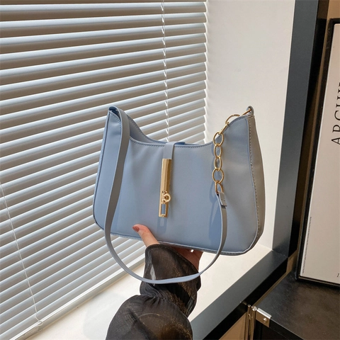 Damen Nische Design PU Leder Halbmond Achseltasche Minimalistische Goldene Schließe Metallkette Umhängetasche Mode 2024 Hobo Bag