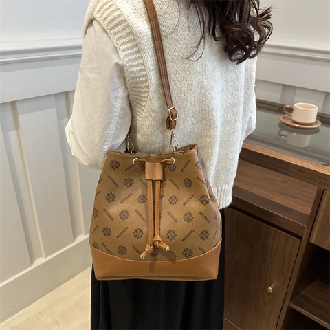 Bolso Cubo Monograma Retro para Mujer Moda Cordón Hombro Bandolera Gran Capacidad Cuero PU Color Contraste Bolso