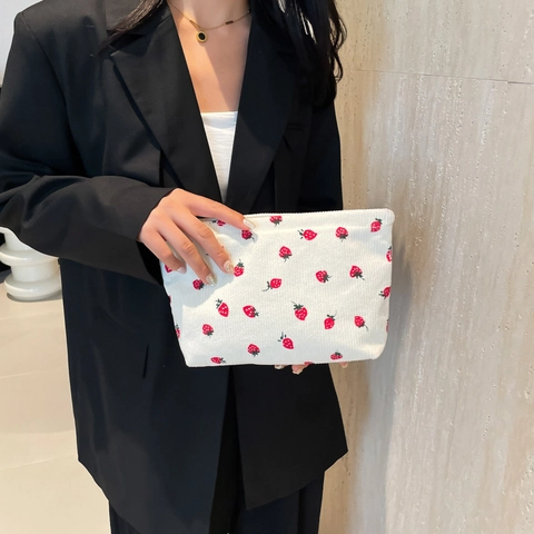 Strawberry Print Corduroy Cosmetic Bag Makeup Organizer Zipper Travel Toiletry Pouch For Women Aesthetic Cute