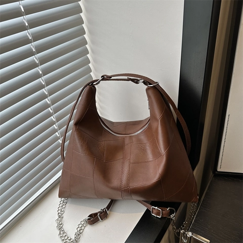 Bolso de Hombro Patchwork de Gran Capacidad para Mujer Bolso Tote de Cuero PU Vintage Con Cadena de Plata Moda Casual Viaje Diario