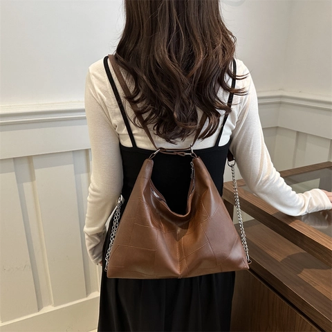 Bolso de Hombro Patchwork de Gran Capacidad para Mujer Bolso Tote de Cuero PU Vintage Con Cadena de Plata Moda Casual Viaje Diario