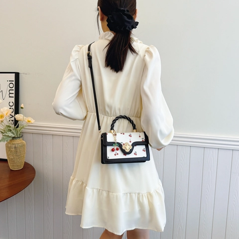 Fashion Women Cherry Print PU Leather Small Square Shoulder Bag With Sweet Flower Lock Top Handle Crossbody Handbag Outing Bag