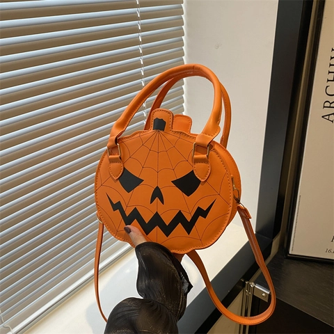 Creative Halloween Pumpkin Crossbody Bag Fashion PU Leather Handbag For Women Girls Spider Web Pattern Shoulder Bag