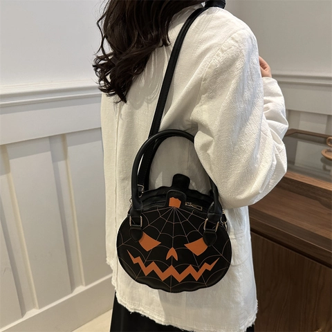 Pumpkin Crossbody Bag PU Leather Halloween Jack-O-Lantern Handbag With Spider Web Embroidery Novelty Festive For Women