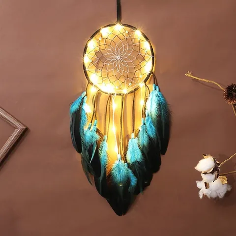 Acchiappasogni Bohemien Con Piume Blu Decorazione Murale Fatto a Mano Con Luci LED Per Camera da Letto Arredamento Casa
