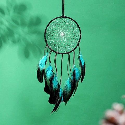 Acchiappasogni Bohemien Con Piume Blu Decorazione Murale Fatto a Mano Con Luci LED Per Camera da Letto Arredamento Casa