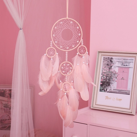 Rosa Handgemachter Traumfänger Mit Federn Und LED Licht Romantische Wanddeko Traumfänger Für Schlafzimmer Mädchen Geschenk