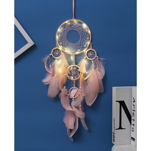 Rosa Handgemachter Traumfänger Mit Federn Und LED Licht Romantische Wanddeko Traumfänger Für Schlafzimmer Mädchen Geschenk