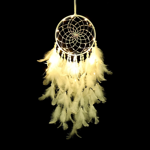 Acchiappasogni Fatto a Mano Decorazione Murale in Piuma Per Camera Da Letto Ufficio Stile Boho Con Perline Bianche e Anello di Ferro