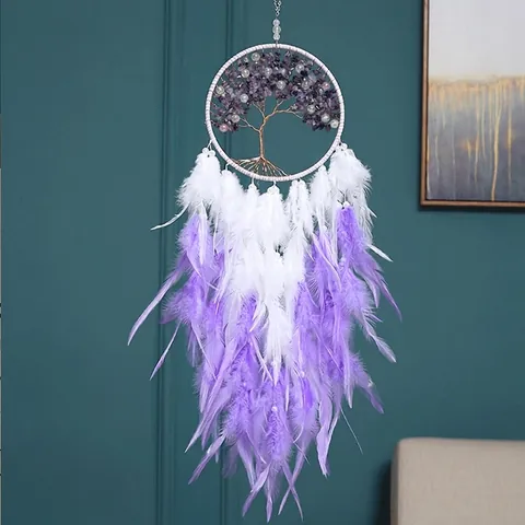 Acchiappasogni Albero Della Vita Con Ghiaia Viola Cristallo Fatto A Mano Piuma Decorazione Da Parete Boho Casa Camera Da Letto Ornamento