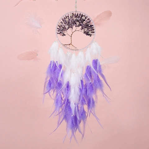 Acchiappasogni Albero Della Vita Con Ghiaia Viola Cristallo Fatto A Mano Piuma Decorazione Da Parete Boho Casa Camera Da Letto Ornamento