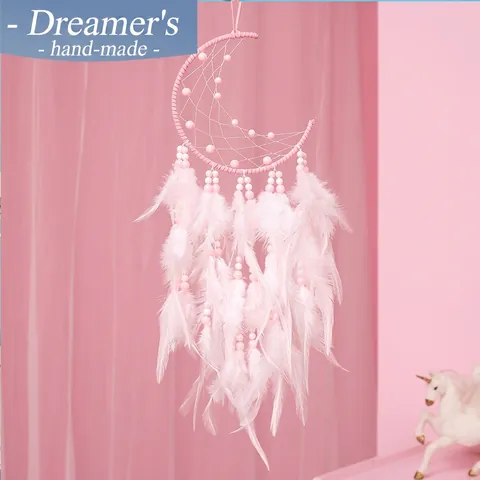 Acchiappasogni Luna Fatto A Mano Piuma Rosa Decorazione Da Parete Con LED Arredamento Romantico Per Camera Regalo Ragazze