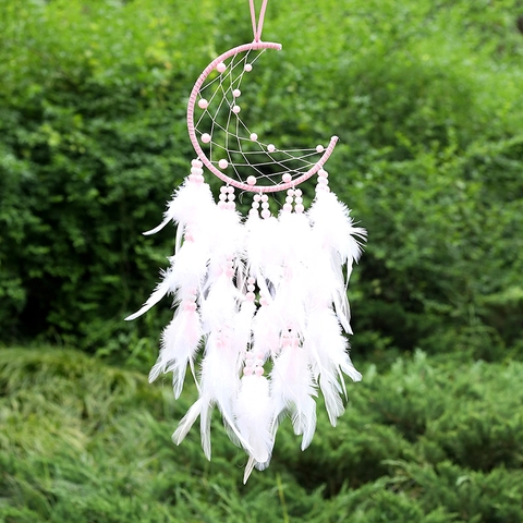 Acchiappasogni Luna Fatto A Mano Piuma Rosa Decorazione Da Parete Con LED Arredamento Romantico Per Camera Regalo Ragazze