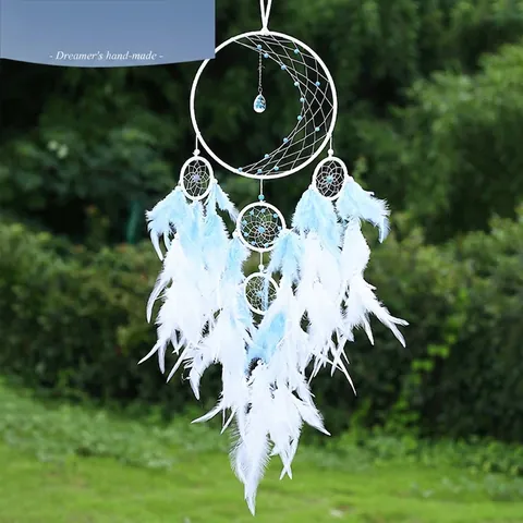 Acchiappasogni Fatto A Mano Decorazione Parete Piume Perline Forma Luna Stile Boho Ornamento Camera Luce Notturna