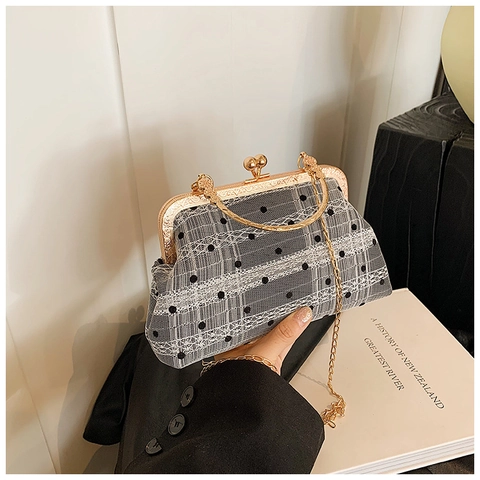 Borsa a Mano Vintage Kiss Lock Donna con Tracolla a Rete a Pois e Quadri con Manico in Metallo e Catena Dorata Borsa da Sera
